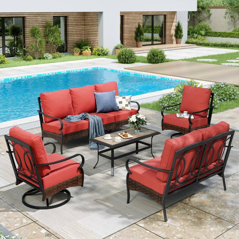 MAISON ARTS Modern Outdoor Patio Furniture Set with Waterproof Cushions - 5-Piece Wicker & Metal Conversation Set - Swivel Chair - Red