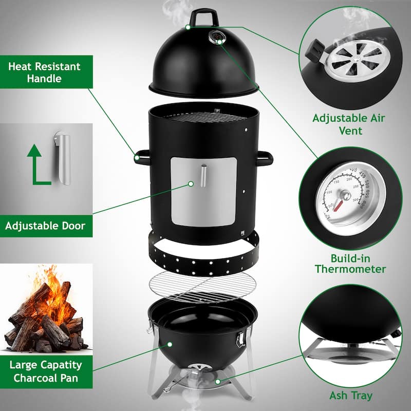Black Steel Charcoal Smoker With Three Layer Round BBQ Grill