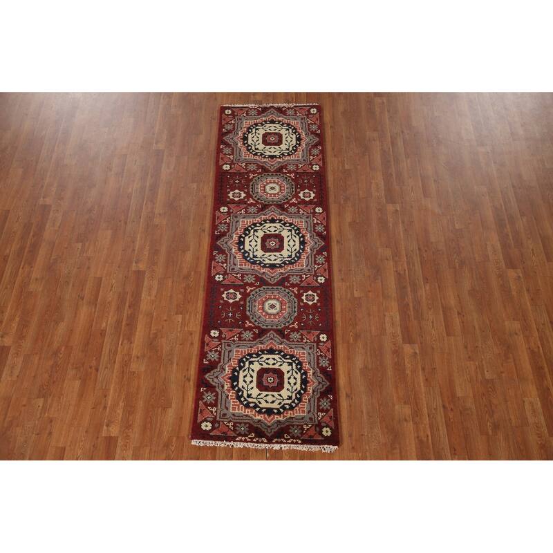 Red Geometric Kazak Indian Runner Rug Hand-Knotted Wool Carpet - 2'6"x 8'1"