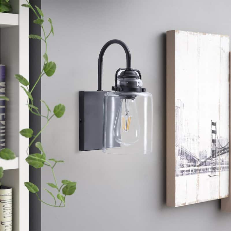 Modern Black 1-Light Cylinder Clear Glass Design Wall Sconce
