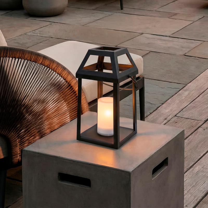 H13” Solar Outdoor Lantern with Flickering Candle Modern Metal Solar Lantern with Handle Hanging Light for Garden Deck - W7''