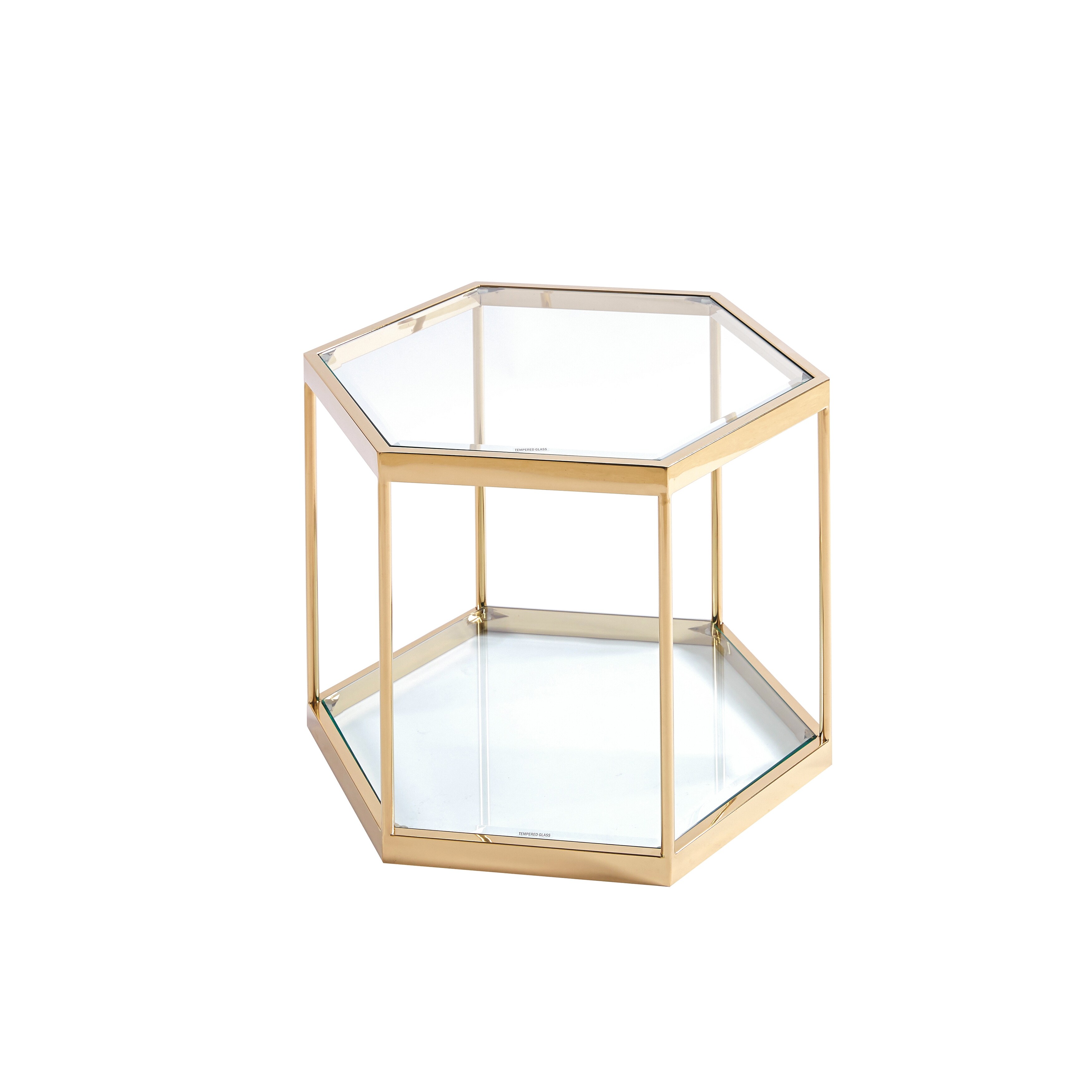 Modern Hexagon Glass Coffee Table with Stainless Steel Frame - Bed