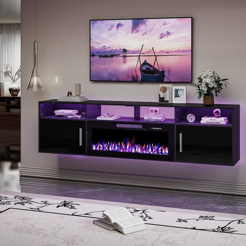 BOSSIN 80" Floating TV Stand with 36" Electric Fireplace, High Gloss Finish Wall Mounted Fireplace TV Stand with Storage