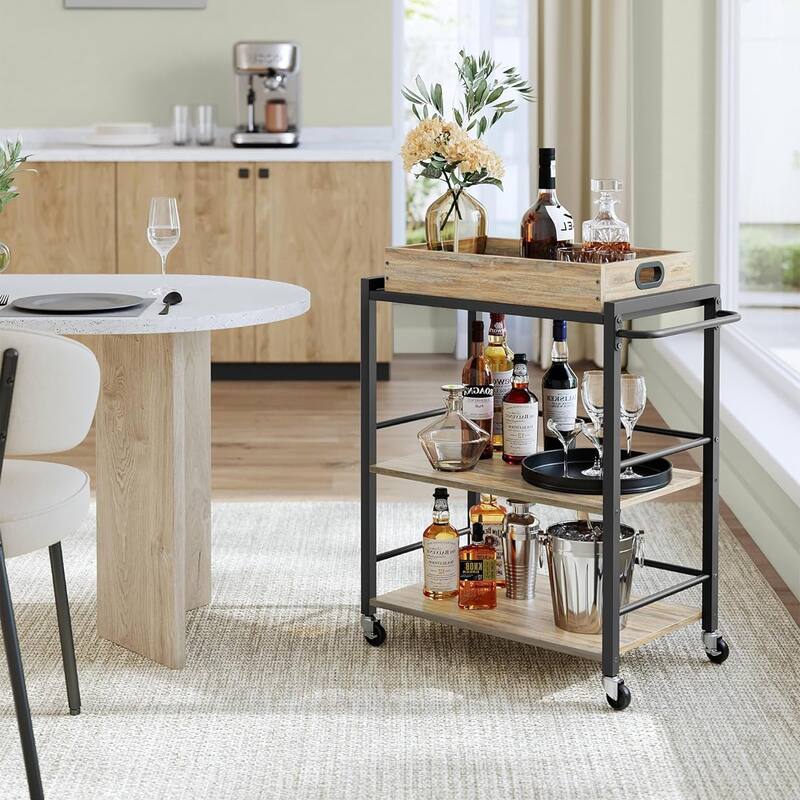 3-Tier Kitchen Serving Cart on Wheels with Storage, Leveling Feet