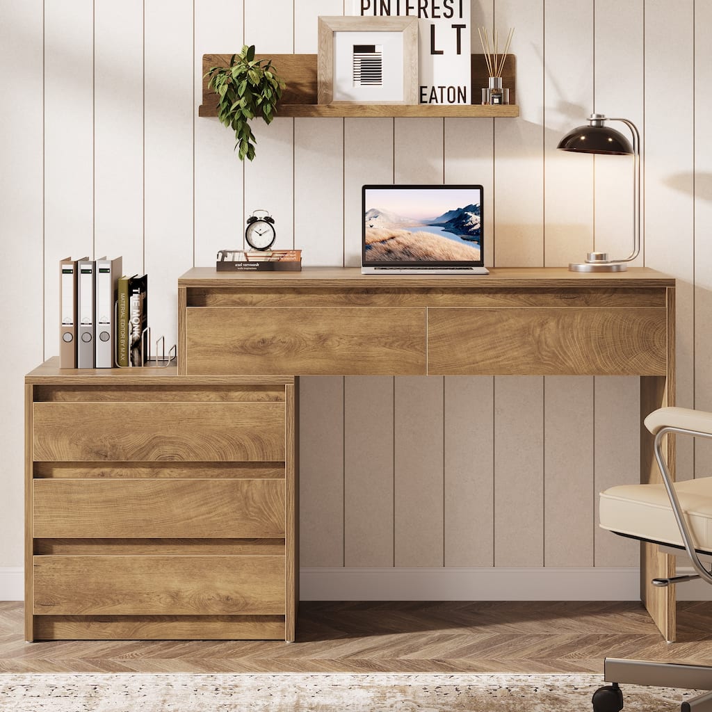Industrial Computer Desk with 5 Drawers & File Cabinet, Rustic Wood Office Desk with Printer Stand for Small Spaces
