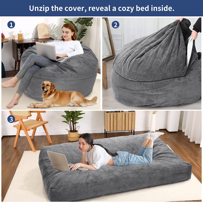 2-in-1 Convertible Bean Bag Chair Bed, Full Size Floor Mattress