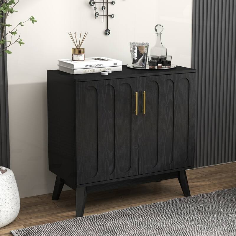 Fluted Sideboard Cabinet with Adjustable Shelves and Solid Wood Leg
