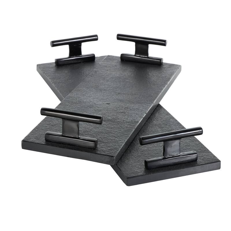 Black Marble Textured Living Room Decor Tray with Silver or Black Rod Handles (Set of 2)