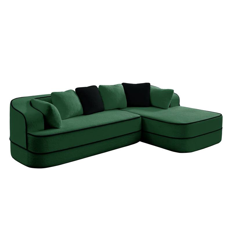 Teddy Fabric Contrast Sofa for Living Room, Upholstered Sectional Couch with L-Shaped Chaise, Boneless Couch with Throw Pillows