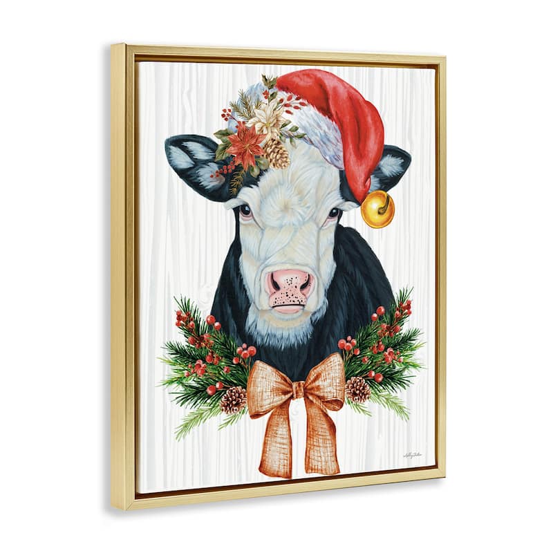 Stupell Festive Cow in Christmas Hat Framed Floater Canvas Wall Art Design By Ashley Justice