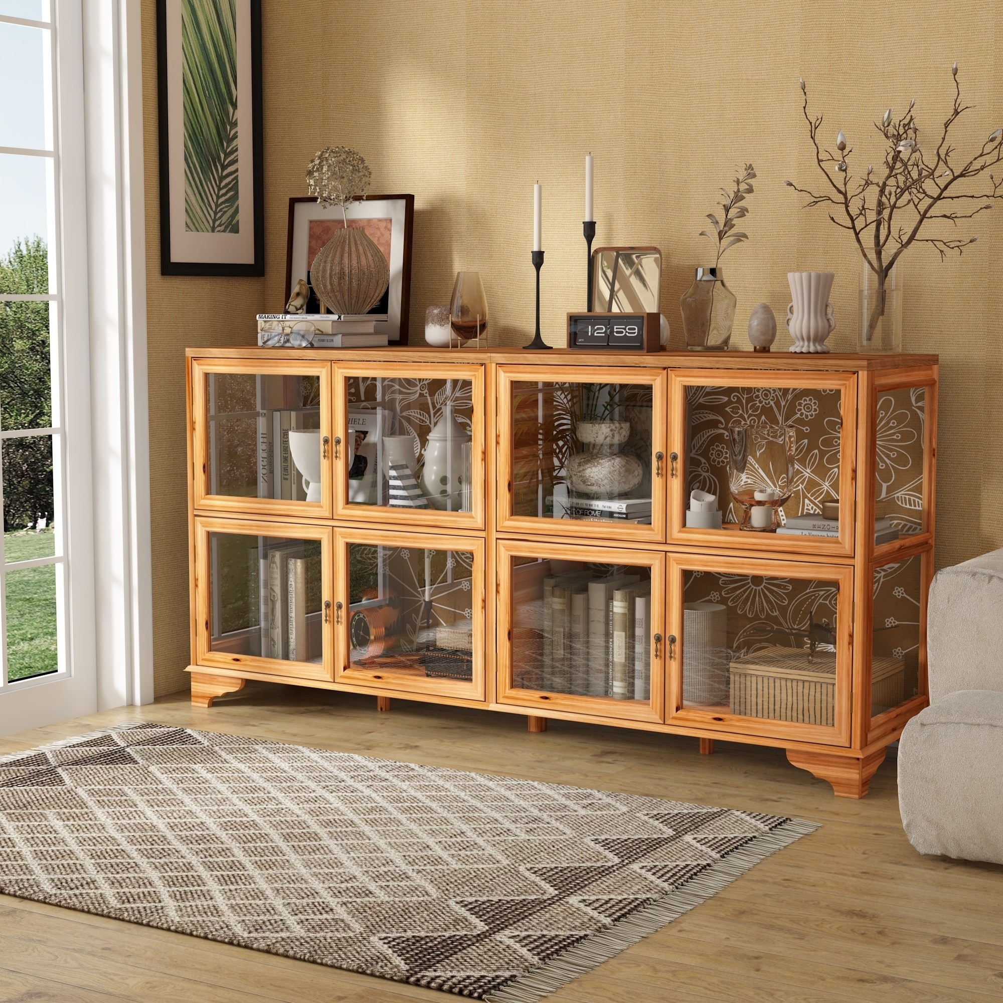 8-Door Bookshelves Display Cabinet with Glass Doors & Floral Wood Panels - 78.7"
