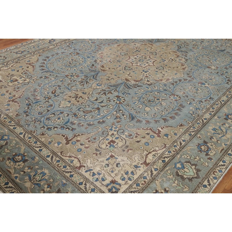 Floral Tabriz Persian Area Rug Hand-Knotted Light Blue Wool Carpet - 8'3"x 11'2"