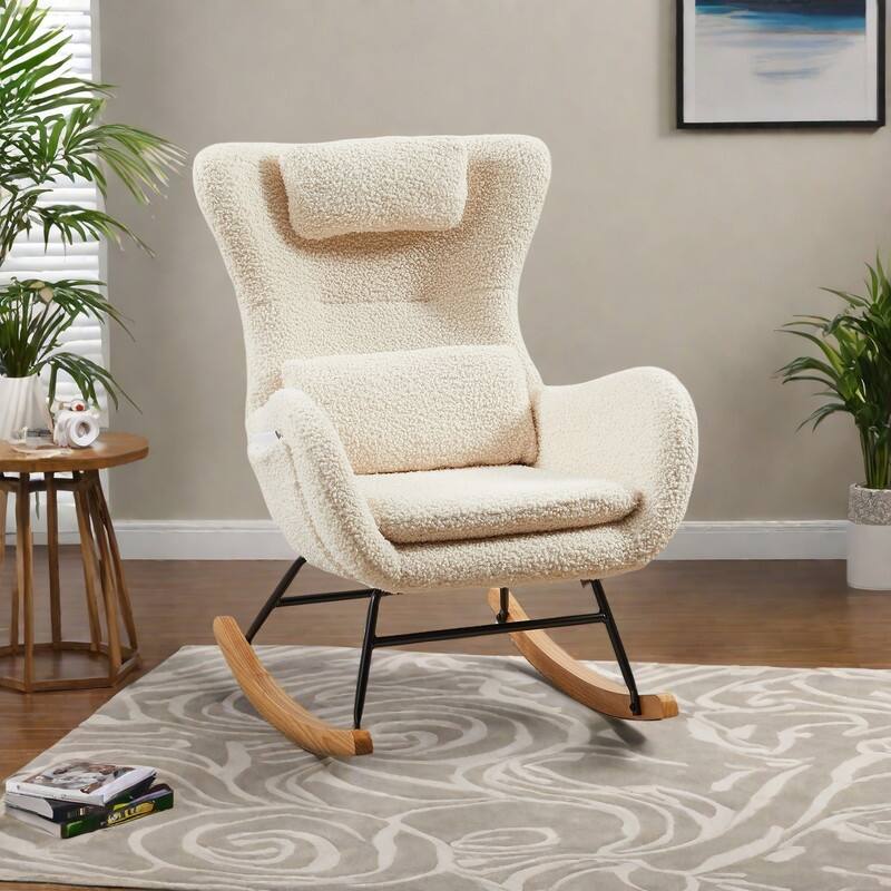 Fabric Upholstered Nursery Rocking Chair with High Backrest and Polyurethane Foam Cushion - Beige