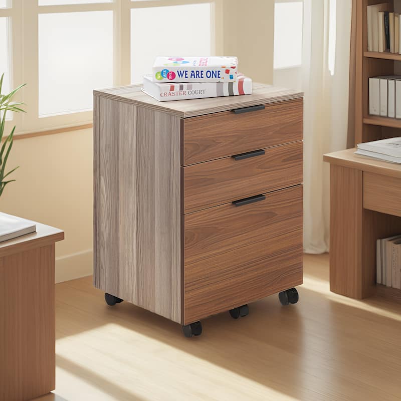 JJS 3 Drawer Rolling Wood File Cabinet with Locking Wheels for A4 or Letter Size - Brown Drawer