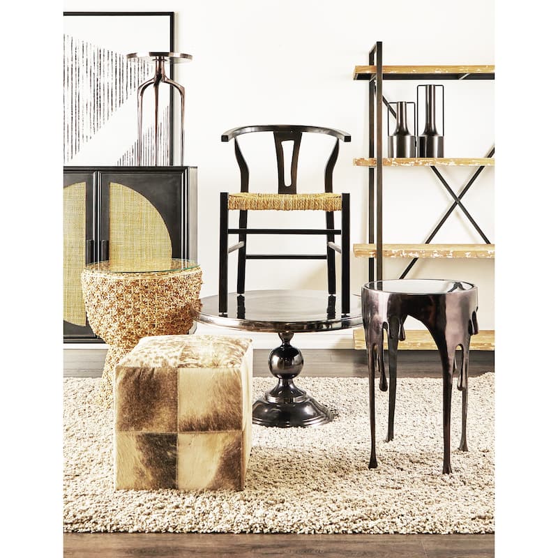 Brown Seagrass Handmade Woven Accent Table with Glass Top