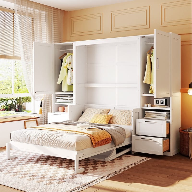 Full Size Murphy Bed Wall Bed with 2 Wardrobes and 4 Storage Drawers, Foldable Space Saving Murphy Cabinet Bed with Open Shelves - White