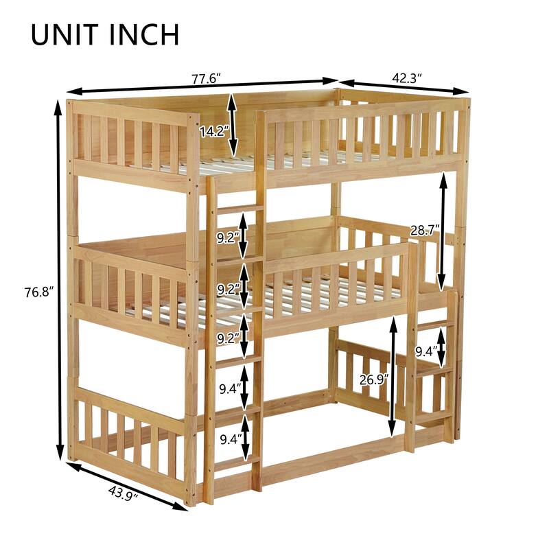 Roomfitters Twin Triple Bunk Bed, Rubber Wood Detachable Design with Ladders and Guardrails, Twin over Twin over Twin