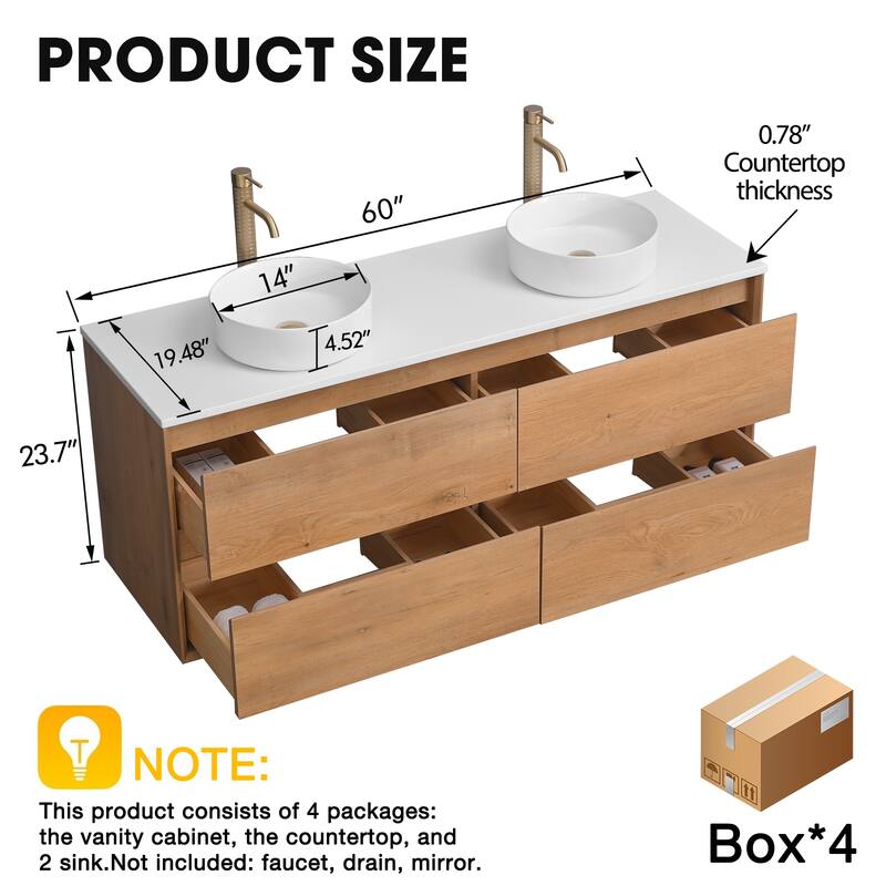 Sylphar 60 inch Toffee Oak Floating Bathroom Vanity with White Quartz Top
