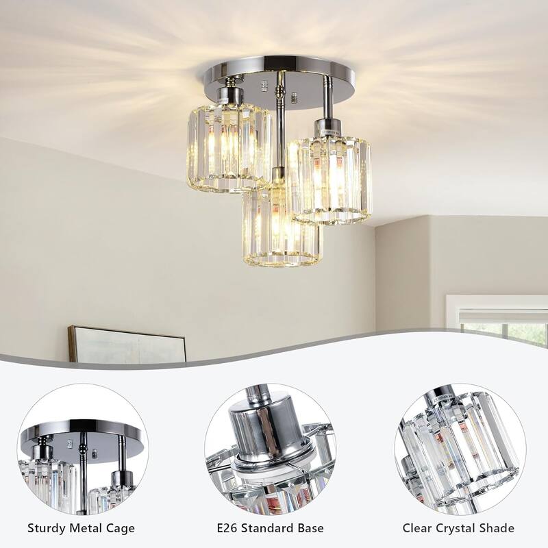 Modern 3-Light Crystal Semi Flush Mount Ceiling Light for Hallway Bedroom Bathroom