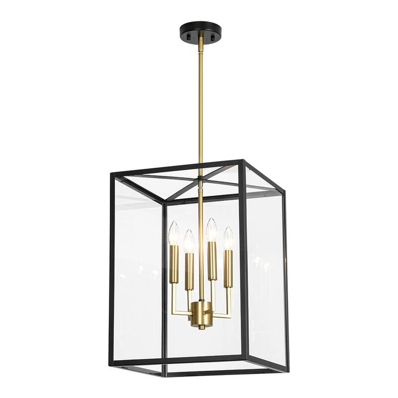 Black Brass 4-Light Metal Square Clear Glass Cage Chandelier