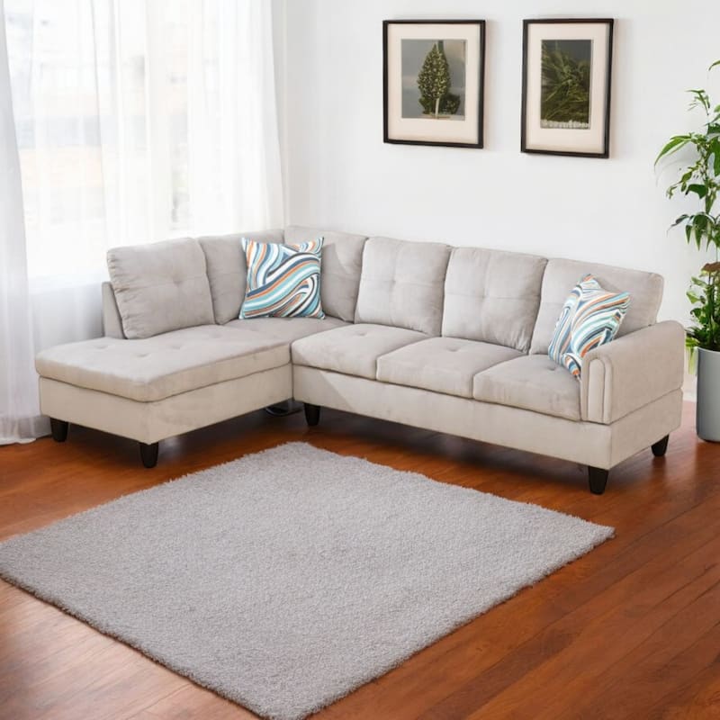 KISRAIS 97" Wide 2-Piece Flannel Sectional Sofa for Small Spaces - Grey White Corduroy - Left Facing