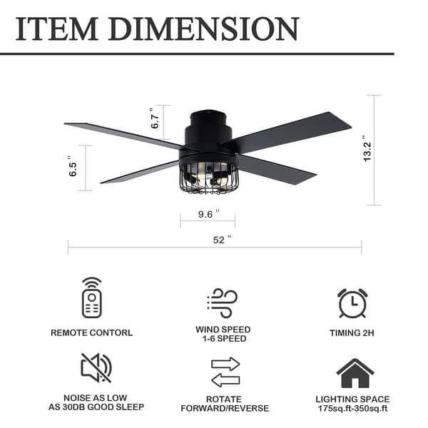 Oaks Aura 52in. Black Industrial Flush Mount Ceiling Fan with Lights and Remote, 6-Speeds Reversible Low Profile Ceiling Fan