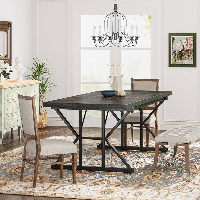 71" Dining Table for 6, Rustic Rectangular Kitchen Table with X-Trestle Metal Legs, Wood Top Dinner Table for Dining Room
