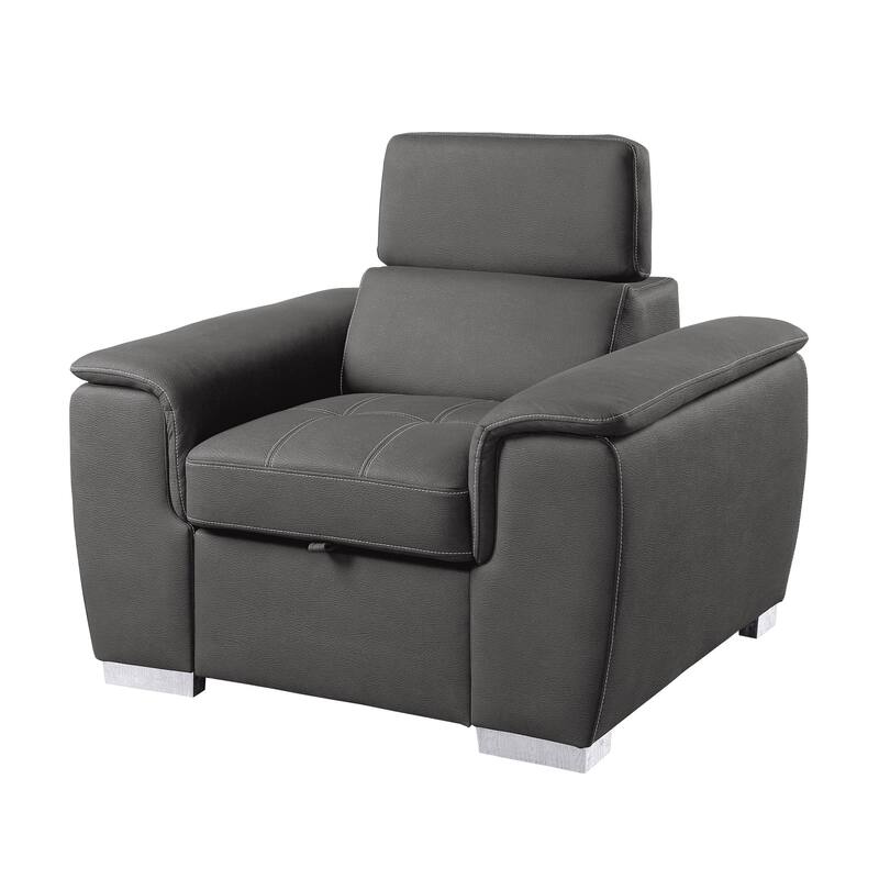 Rida 45 Inch Chair, Pull Out Ottoman, Adjustable Headrest, Solid Wood, Gray