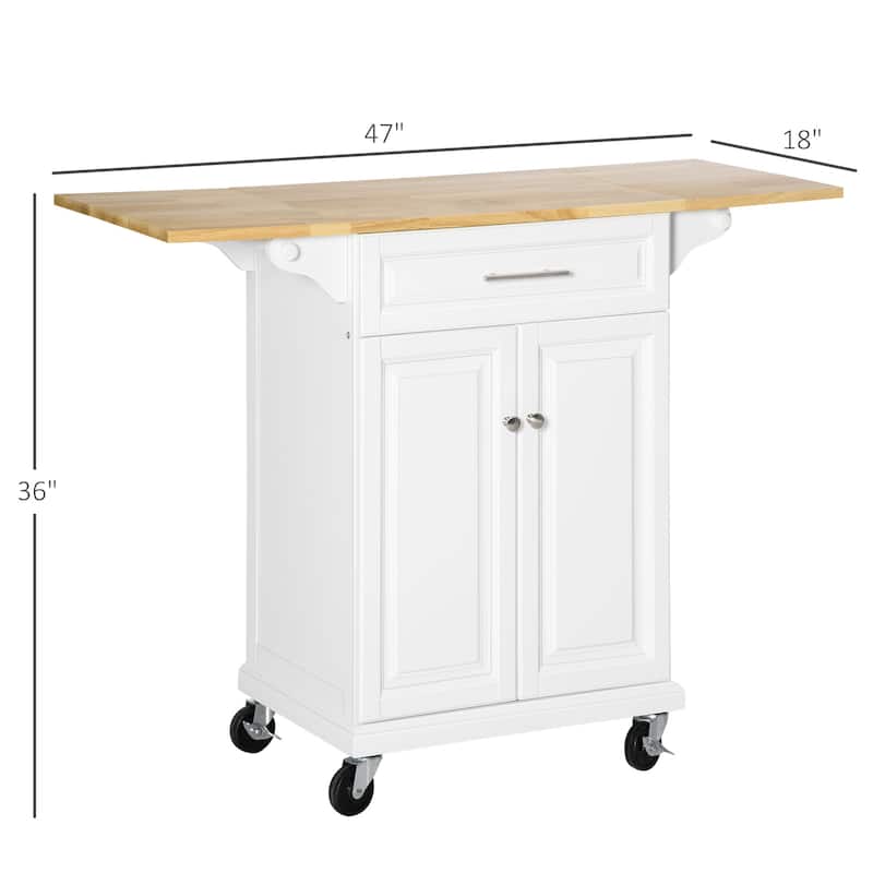 Modern Kitchen Island Drop Leaf Trolley Cart with Wheels 1 Drawer, 1 Door Cabinet and 2 Towel Racks, for Kitchen