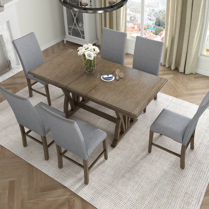 Wood 7-Piece Dining Table Set, Kitchen Table Set with Extendable Table and 6 Upholstered Chairs for Dining Room - Gray
