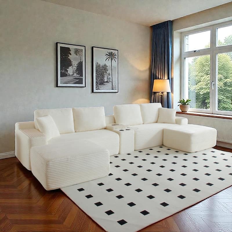 125" L Shaped Sectional Sofa with 2 Ottomans, Cloud Corduroy Couch with Deep Seat, Cup Holders and USB Ports