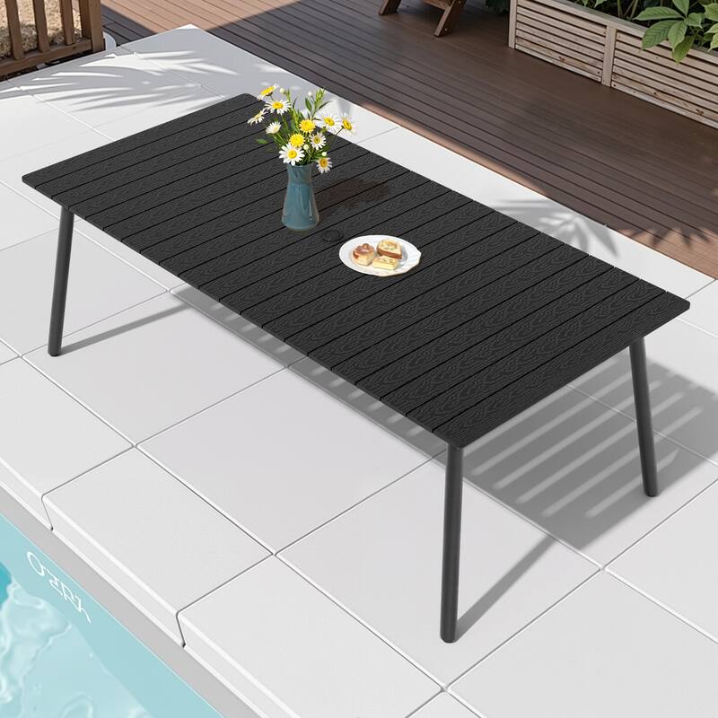 82.7in Outdoor Patio Rectangle Aluminum Wood-Like Dining Table with Umbrella Hole