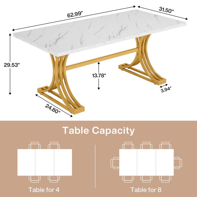 63'' Modern Dining Table with Faux Marble Tabletop Golden Frame for Kitchen Dining Room