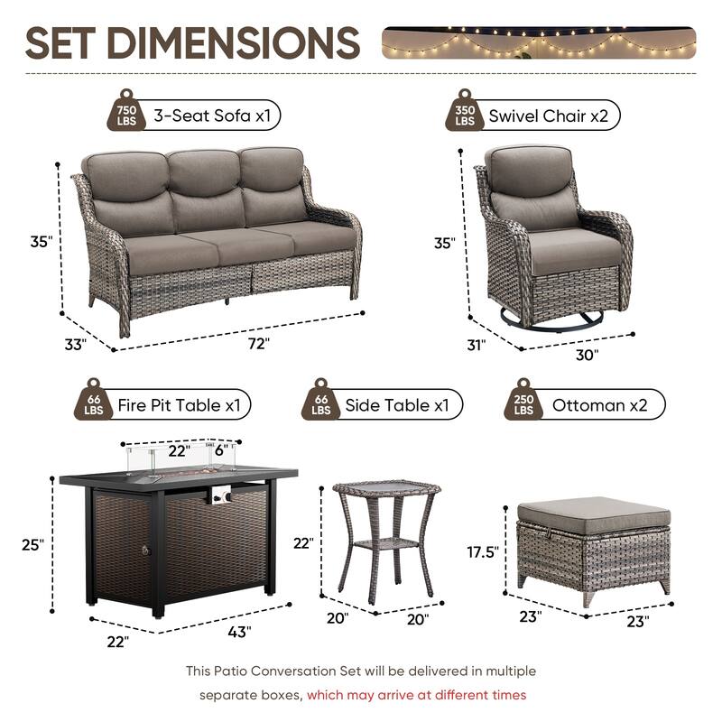 Pocassy Patio Sofa Swivel Chair Set with 43" Fire Pit Table
