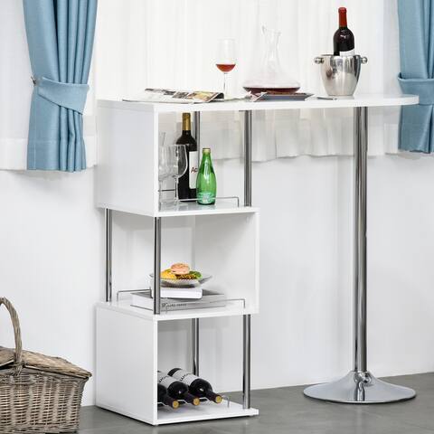 HOMCOM Modern Bar Table Accent Console Serving Buffet with 3-Bottle Wine Rack and Side Storage Shelf, White/Silver