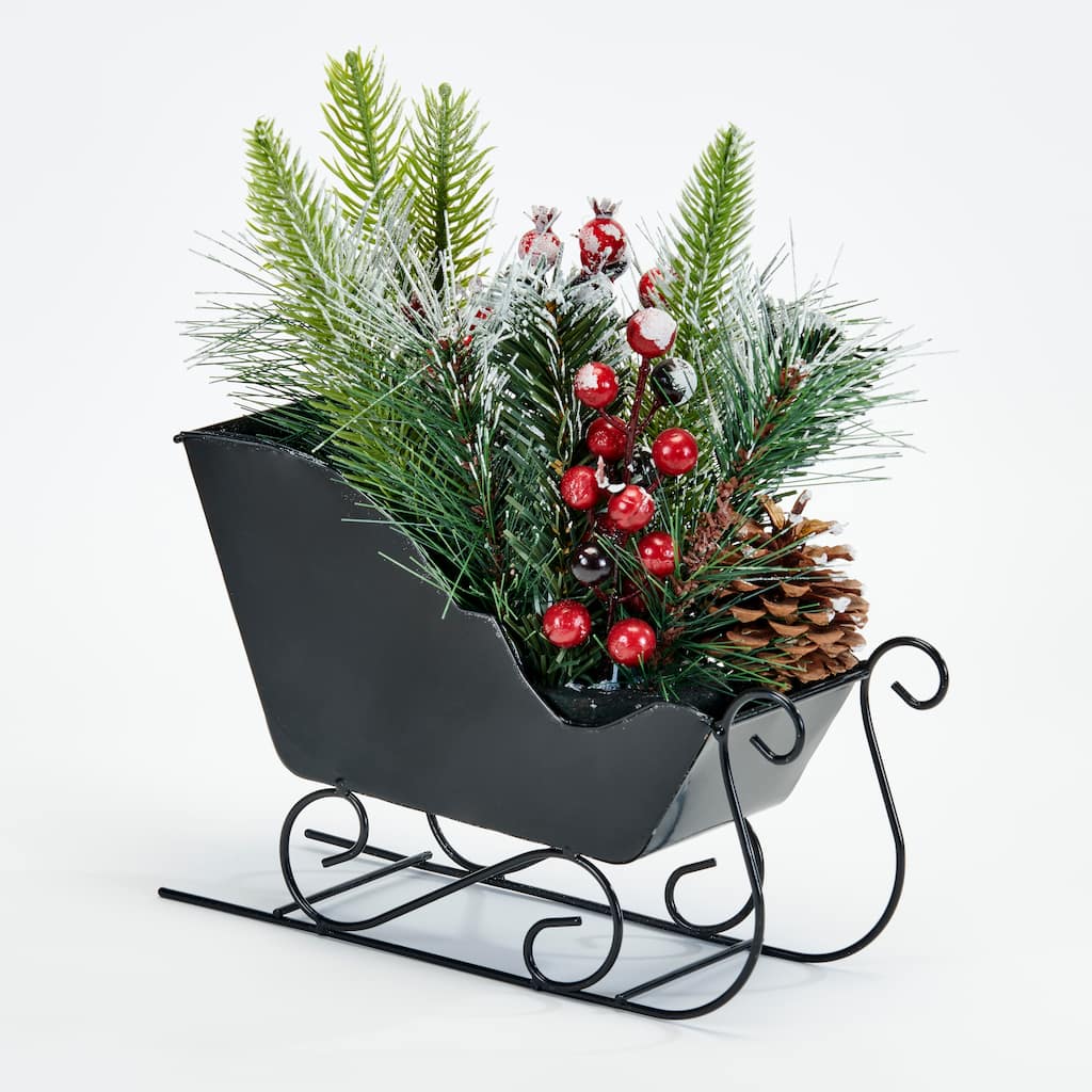 11" Artificial Pine, Berries & Pine Cone Arrangement In Metal Christmas Sleigh Tabletop Decoration - 11