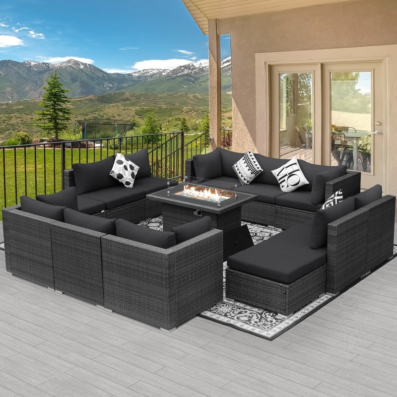 FINCATI 13 Piece Outdoor Patio Conversation Set with 43 Inch Fire Pit - Grey