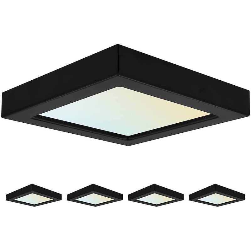 Luxrite 4" Square LED Flush Mount 10W 3 Color Selectable 600 Lumens Dimmable Damp Rated Black Trim 4 Pack - Color Selectable 3000K/4000K/5000K