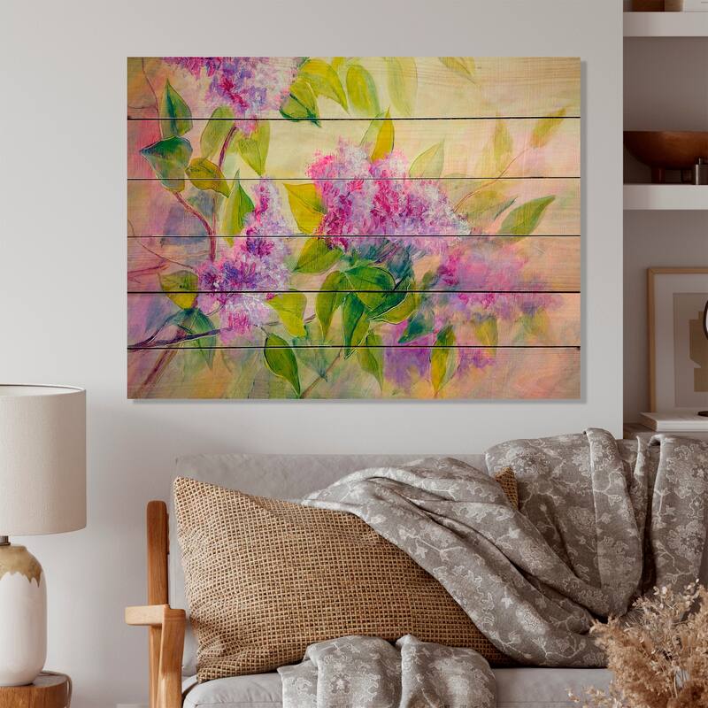 Designart 'Modern Purple Lilac Flowers VII' Traditional Wood Wall Art - Natural Pine Wood - 36 In. wide X 24 In. high