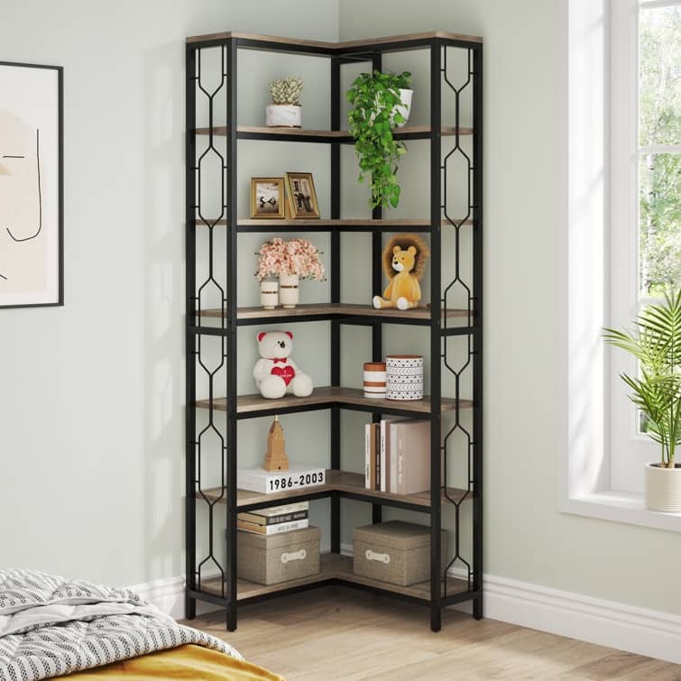 7-Tier Corner Bookshelf, White Corner Shelf Modern Etagere Bookcase