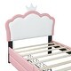 preview thumbnail 9 of 9, Twin Upholstered Leather Princess Bed w/ Wheel and 2 Drawers, Crown Headboard for Kids Teens,White Pink