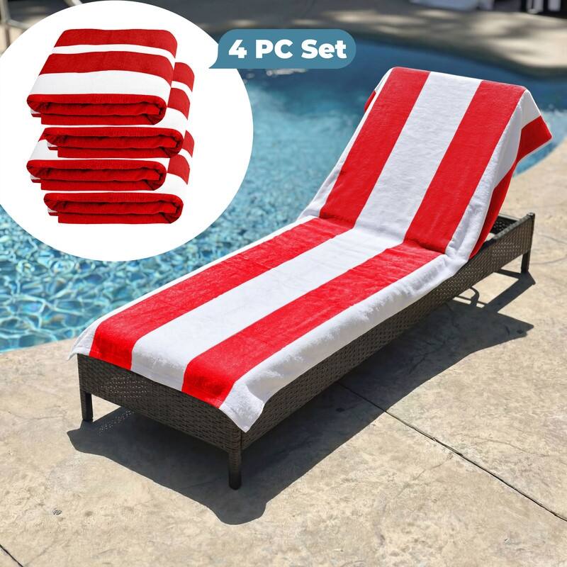 100% Cotton Cabana‑Stripe Lounge Chair Cover Terry Towel with Fitted Pocket & Back Flap Set of 4