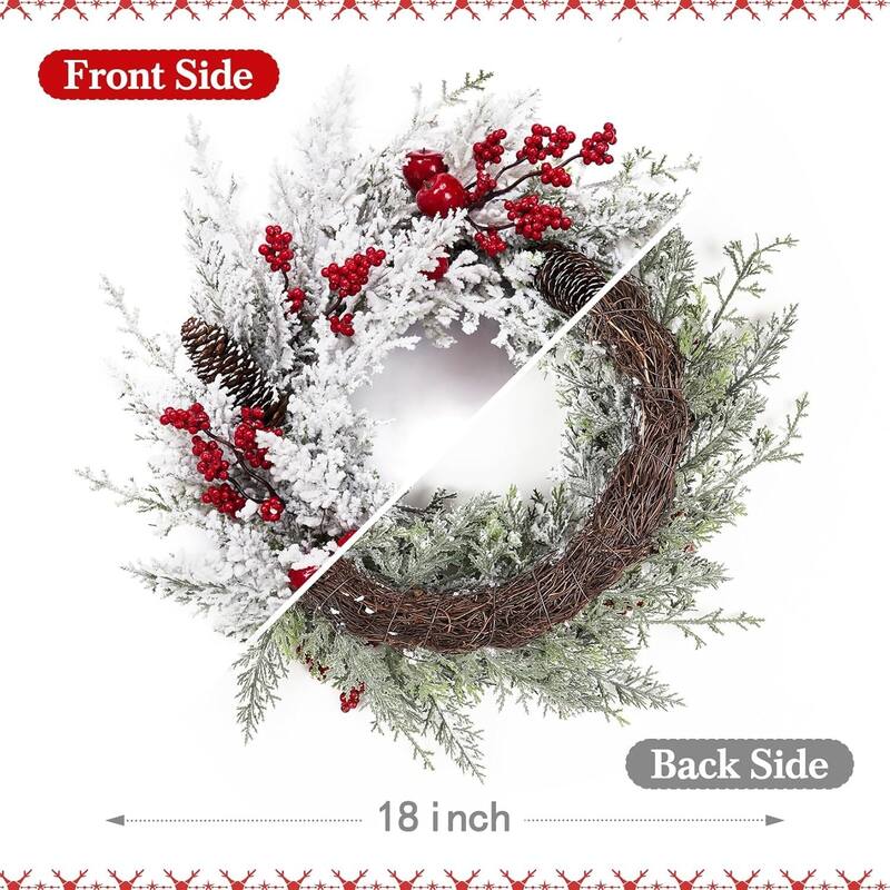 18 Inch Christmas White Snow Flocked Winter Wreath with Pine Cones - N/A