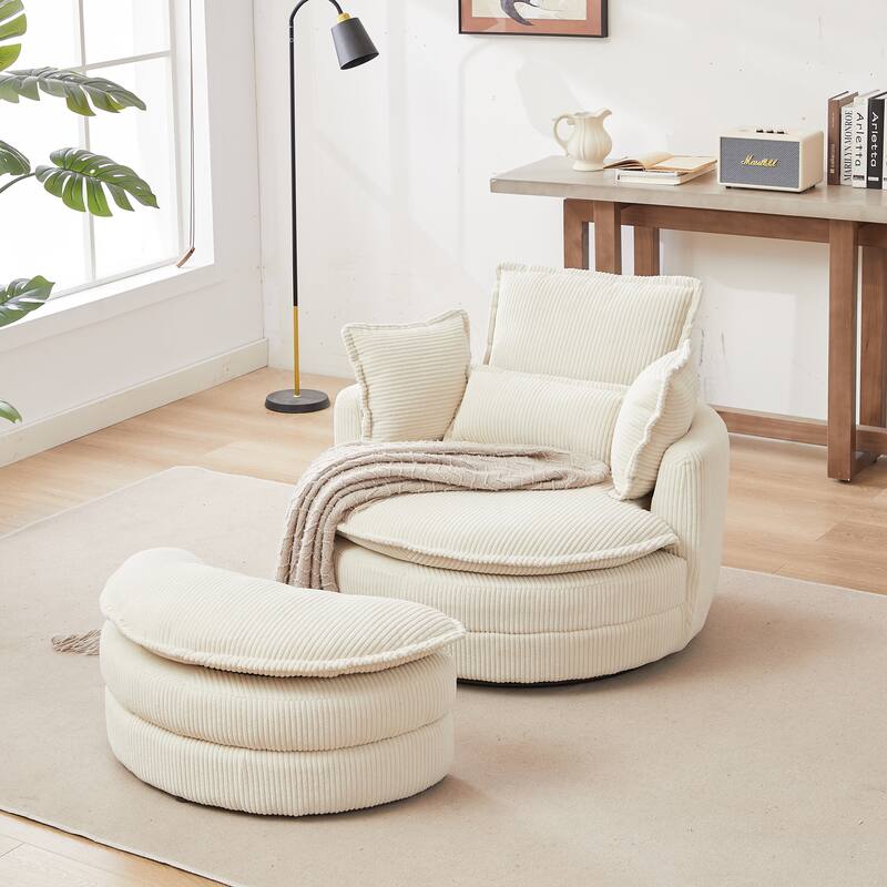 38"W Oversized Swivel Chair with Storage Ottoman, Beige Corduroy - Multi-Color