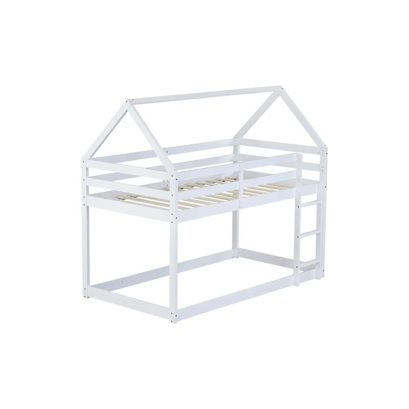 Twin over Twin Rubber Wood Floor Bunk Bed, with ladder,Guardrails,House-Shaped-Bunk Bed