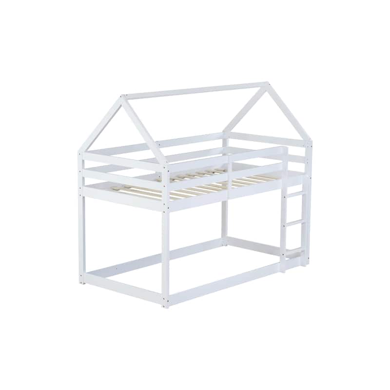 Twin over Twin Rubber Wood Floor Bunk Bed with Ladder, Guardrails, and House-Shaped Design, Pink Kids Bunk Bed