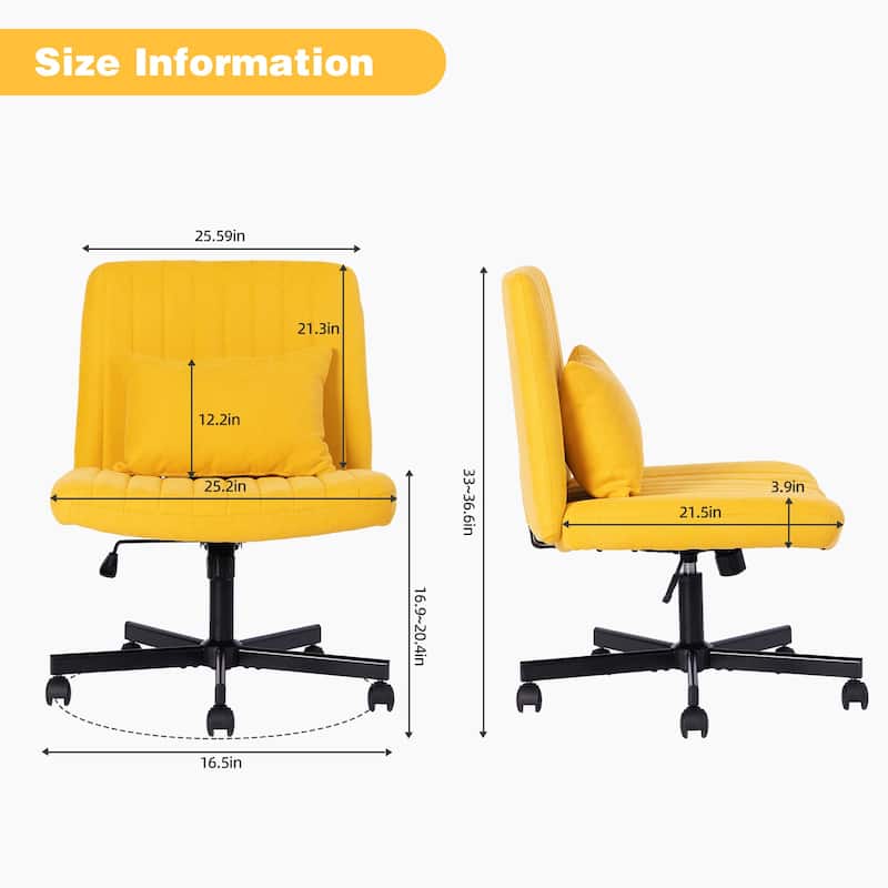 Criss Cross Chair with Wheels, Adjustable Armless Swivel Rolling Chair, Linen Upholstered Office Chair with Lumbar Pillow - Yellow