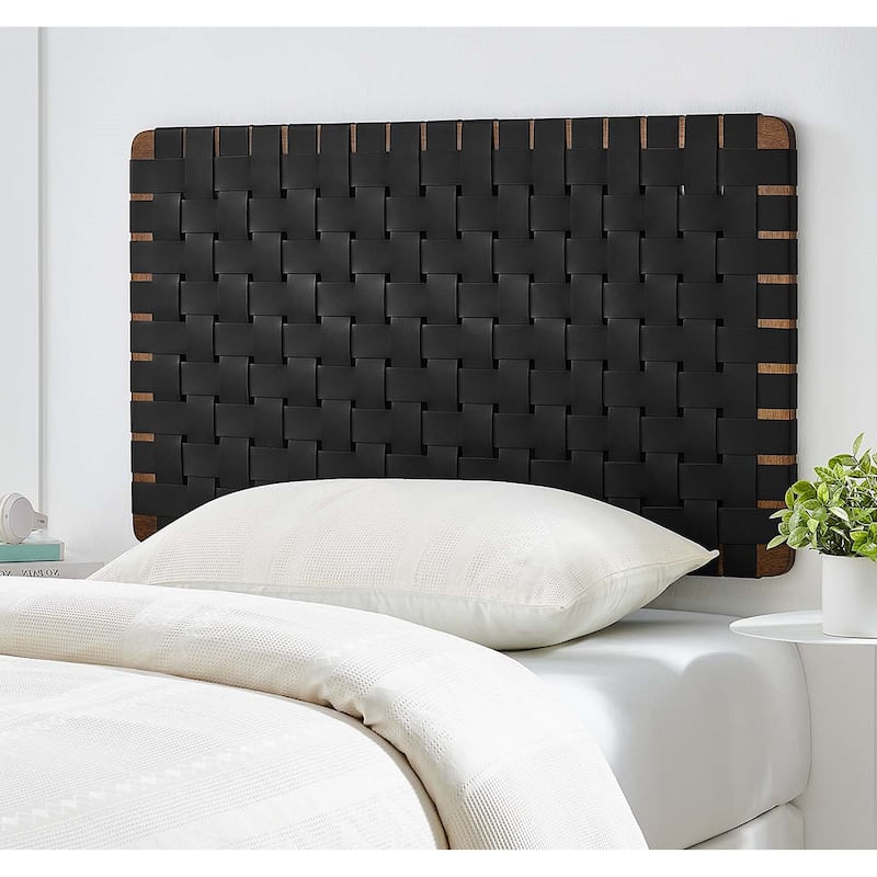 Ditmas Solid Wooden Black Leather Basket Weaved Floating Twin Size Headboard