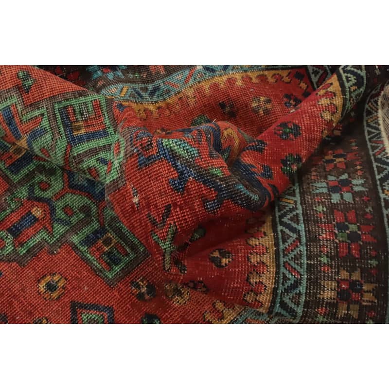 Hand Knotted Oriental 100% Wool Carpet Traditional Geometric Oranges & Rust Heriz Runner Rug - 10' 1'' X 3' 5''