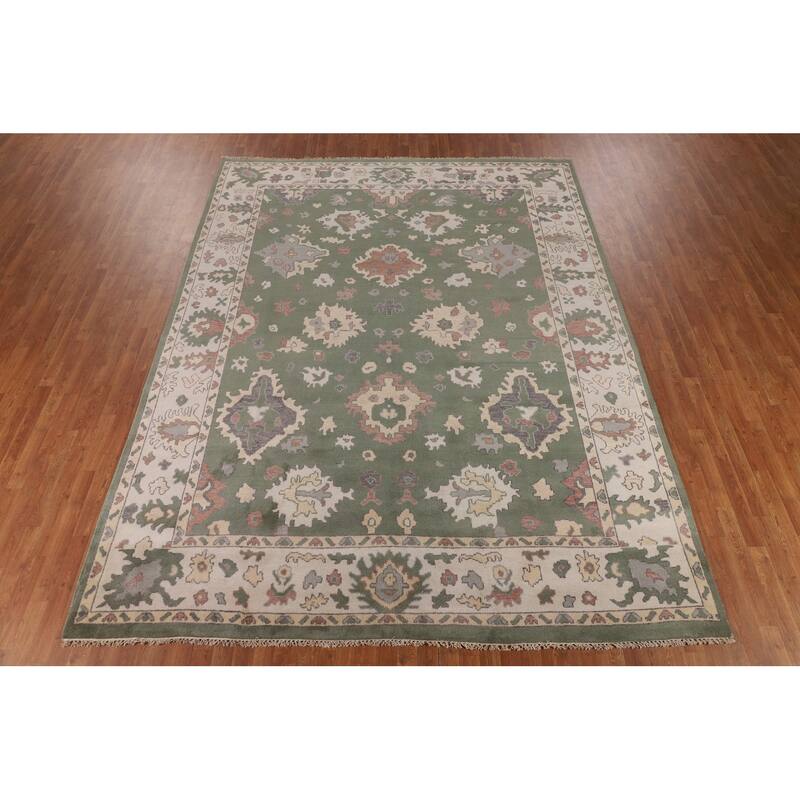 Green & Ivory Floral Oushak Oriental Area Rug Handmade Wool Carpet - 9'1" x 11'11"